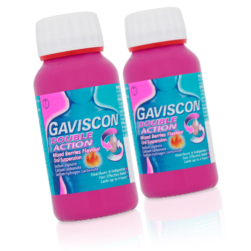 Gaviscon Double Action mixed berries oral suspension 150ml, imported from the UK