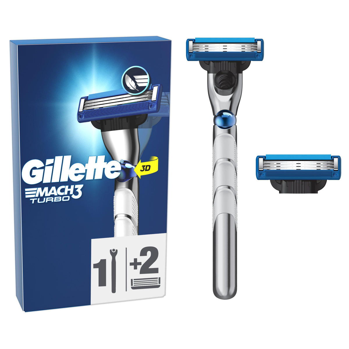 Gillette Mach3 Turbo razor handle with 2 blade refills, imported from the UK