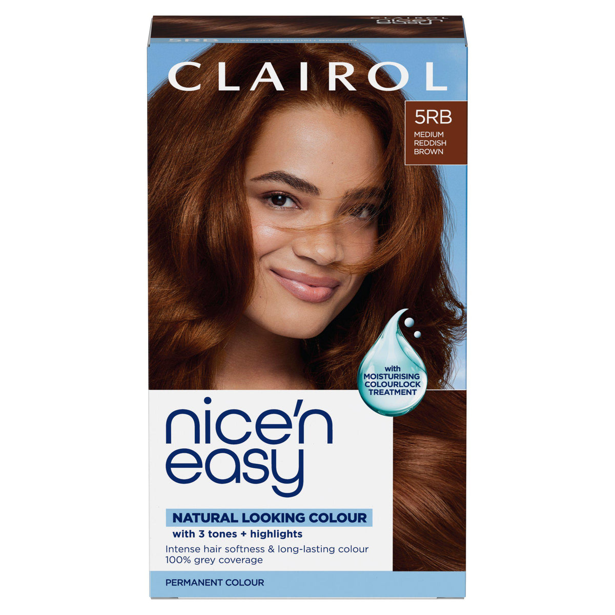 Clairol Nice'N Easy Medium Reddish Brown 5RB hair dye, imported from the UK