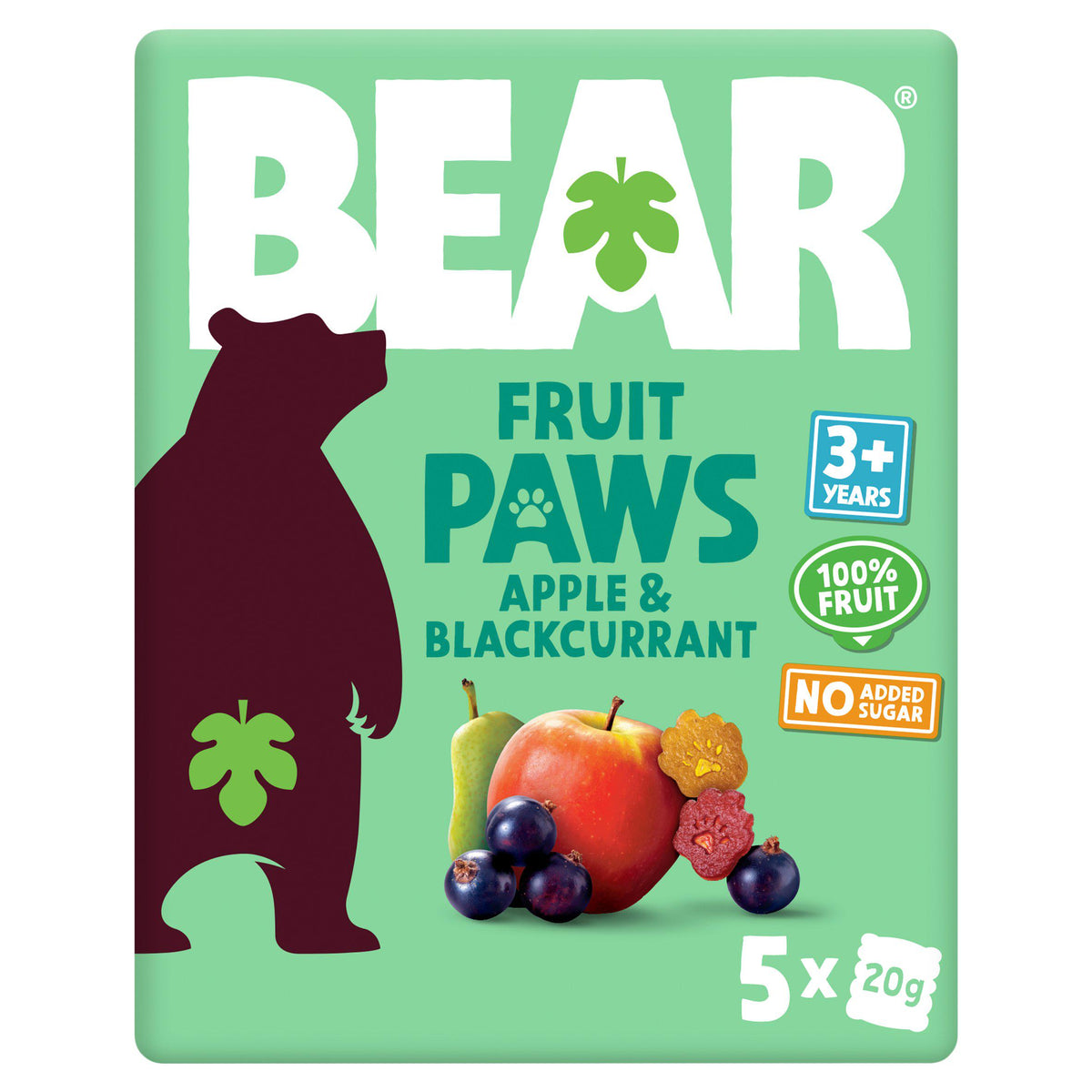 BEAR Paws Fruit Shapes Apple & Blackcurrant multipack 5x20g, imported from the UK