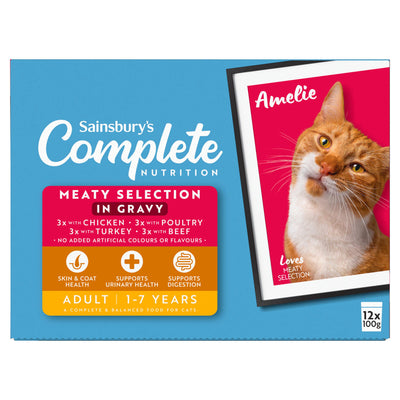 Sainsburys Sainsbury's Adult Complete Nutrition (1-7 Years) Meat Selection in Gravy Cat Food 12 x 100g- Buy online at McGrocer