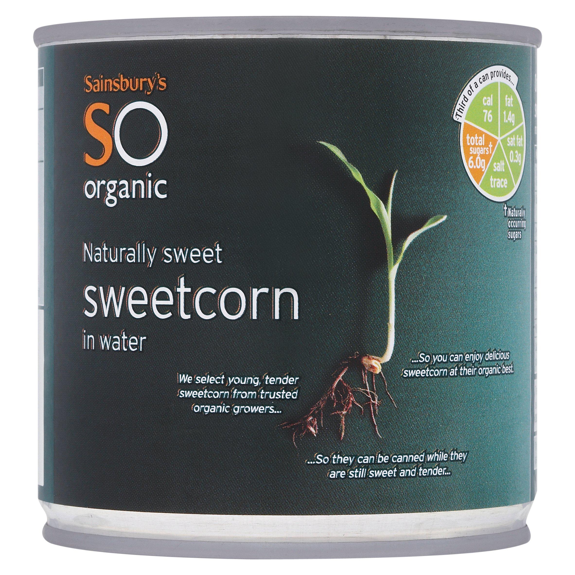Sainsbury's organic sweetcorn in water 150g, imported from the UK
