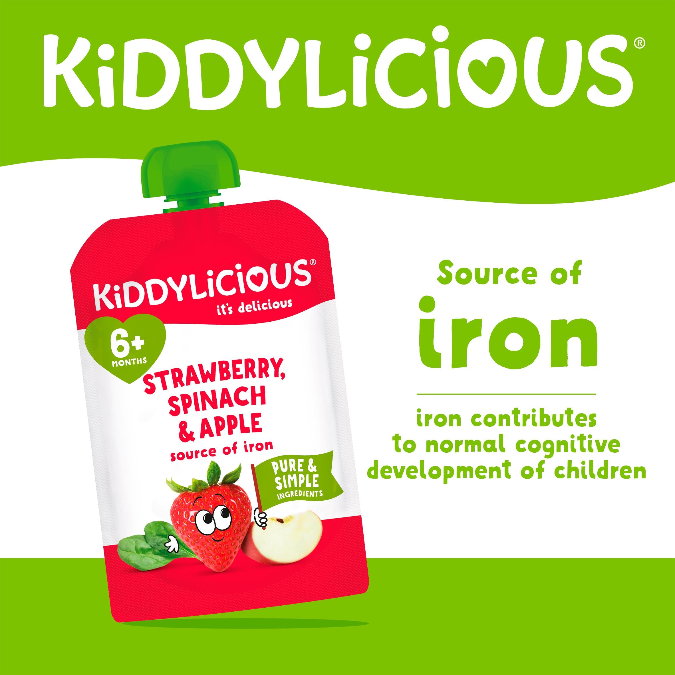 Kiddylicious strawberry spinach apple baby food pouch 100g, UK version