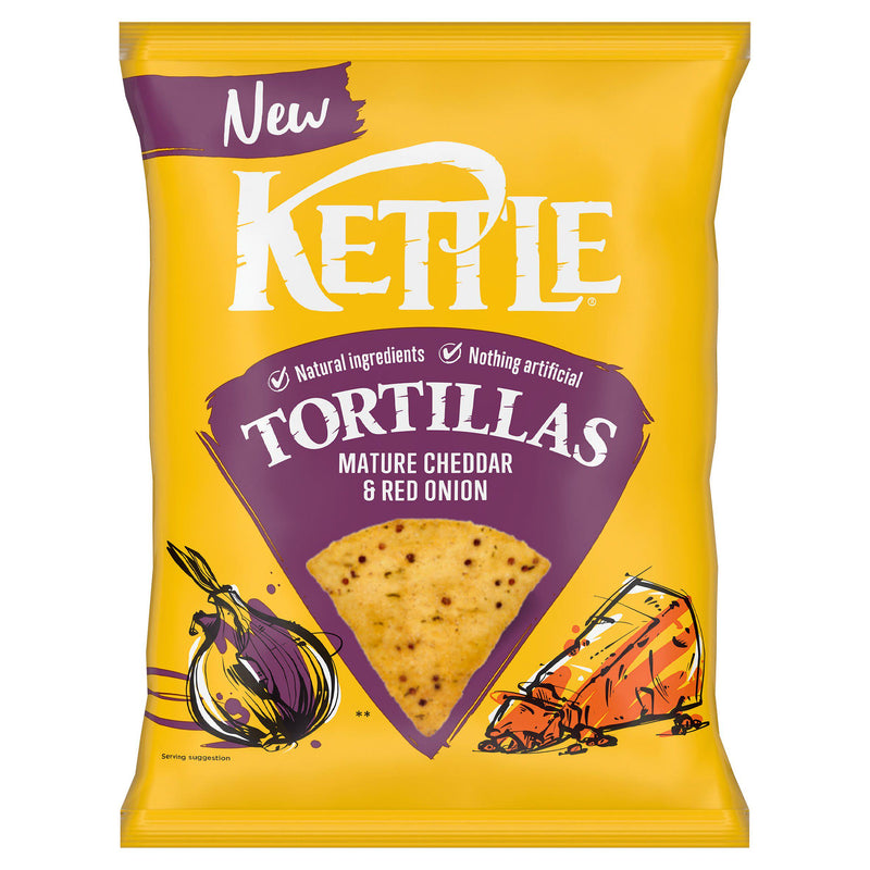 Kettle Mature Cheddar Red Onion Tortilla Chips 140g, imported from the UK