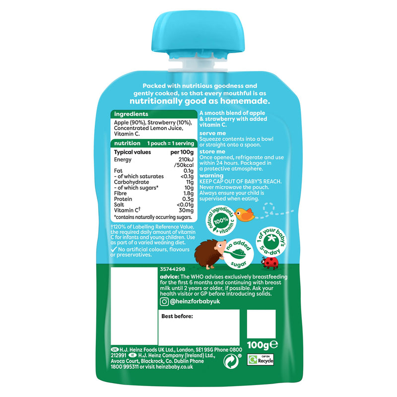 Heinz baby food apple strawberry puree pouch 100g, UK version