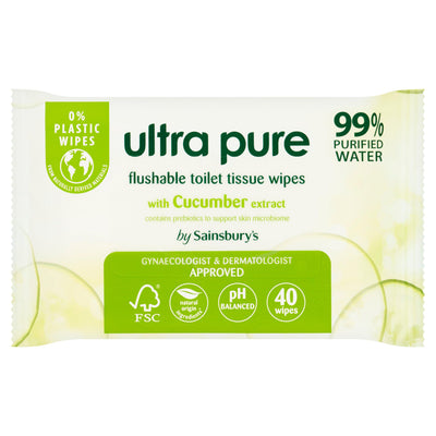 Sainsburys Sainsbury's Ultra Pure Flushable Toilet Tissue Wipes with Cucumber Extract 40 Wipes- Buy online at McGrocer