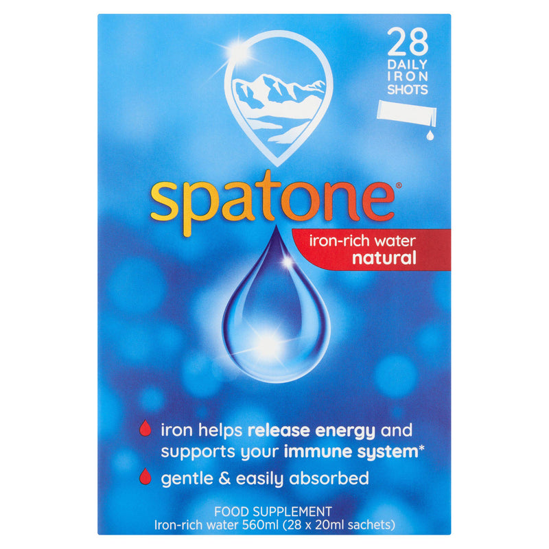 Spatone iron-rich water sachets 28-day supply, imported from the UK