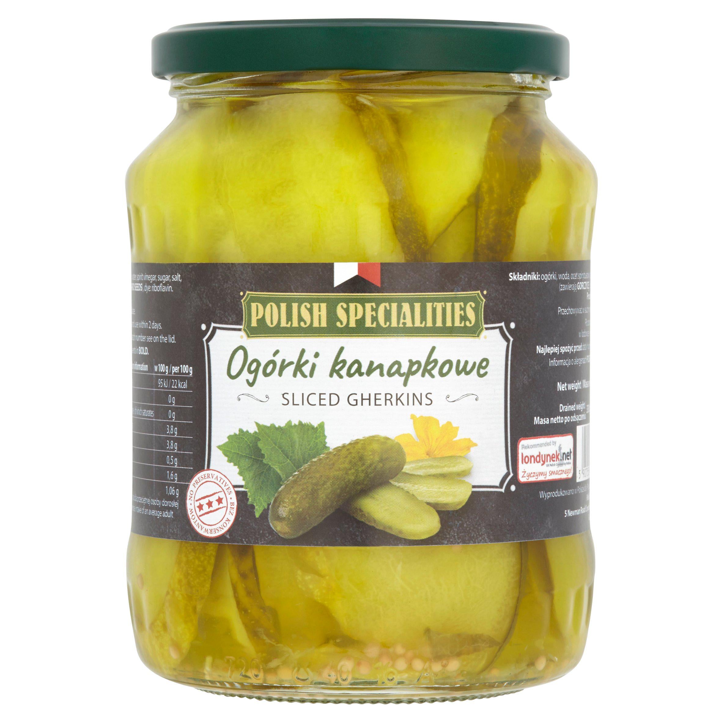 Polish Specialities sliced gherkins 720ml, imported from the UK