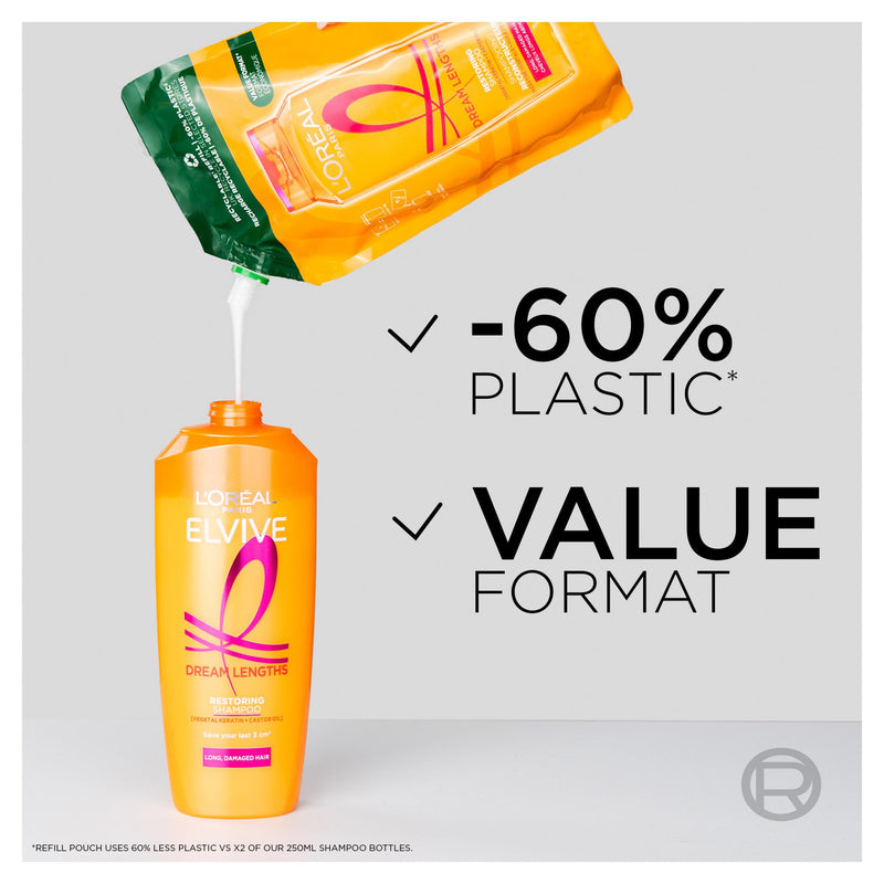 L'Oréal Paris Elvive Dream Lengths Restoring Shampoo Refill Pouch 500ml (British brand)