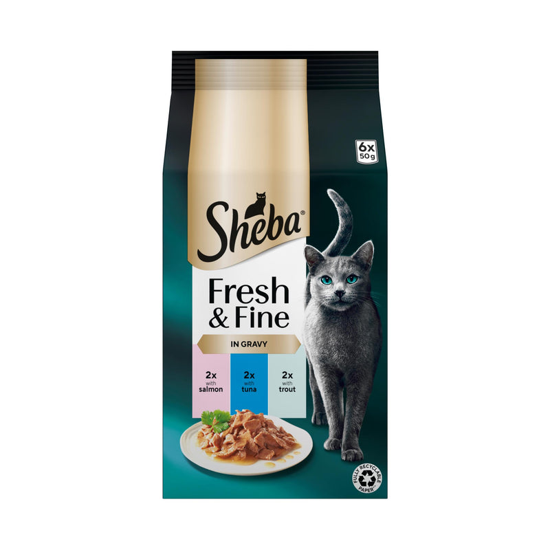 Sheba Salmon & Tuna cat food pouches in gravy, UK version