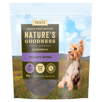 Sainsburys Sainsbury's Nature's Goodness Hypoallergenic Turkey Bites Dog Treats 80g- Buy online at McGrocer