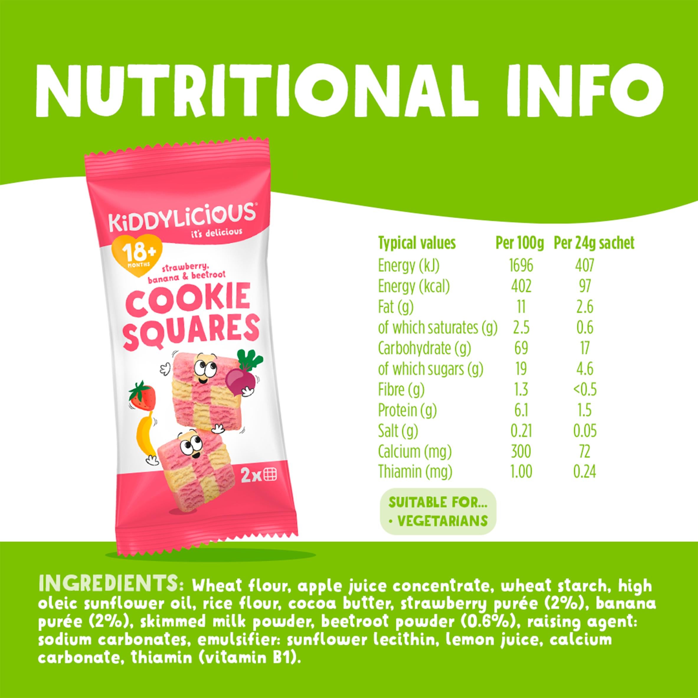 Kiddylicious strawberry banana beetroot cookie squares 6x24g, imported from the UK
