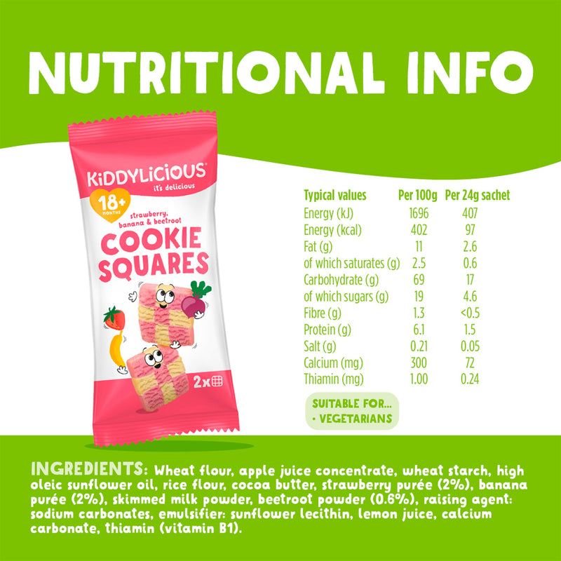 Kiddylicious strawberry banana beetroot cookie squares 6x24g, imported from the UK