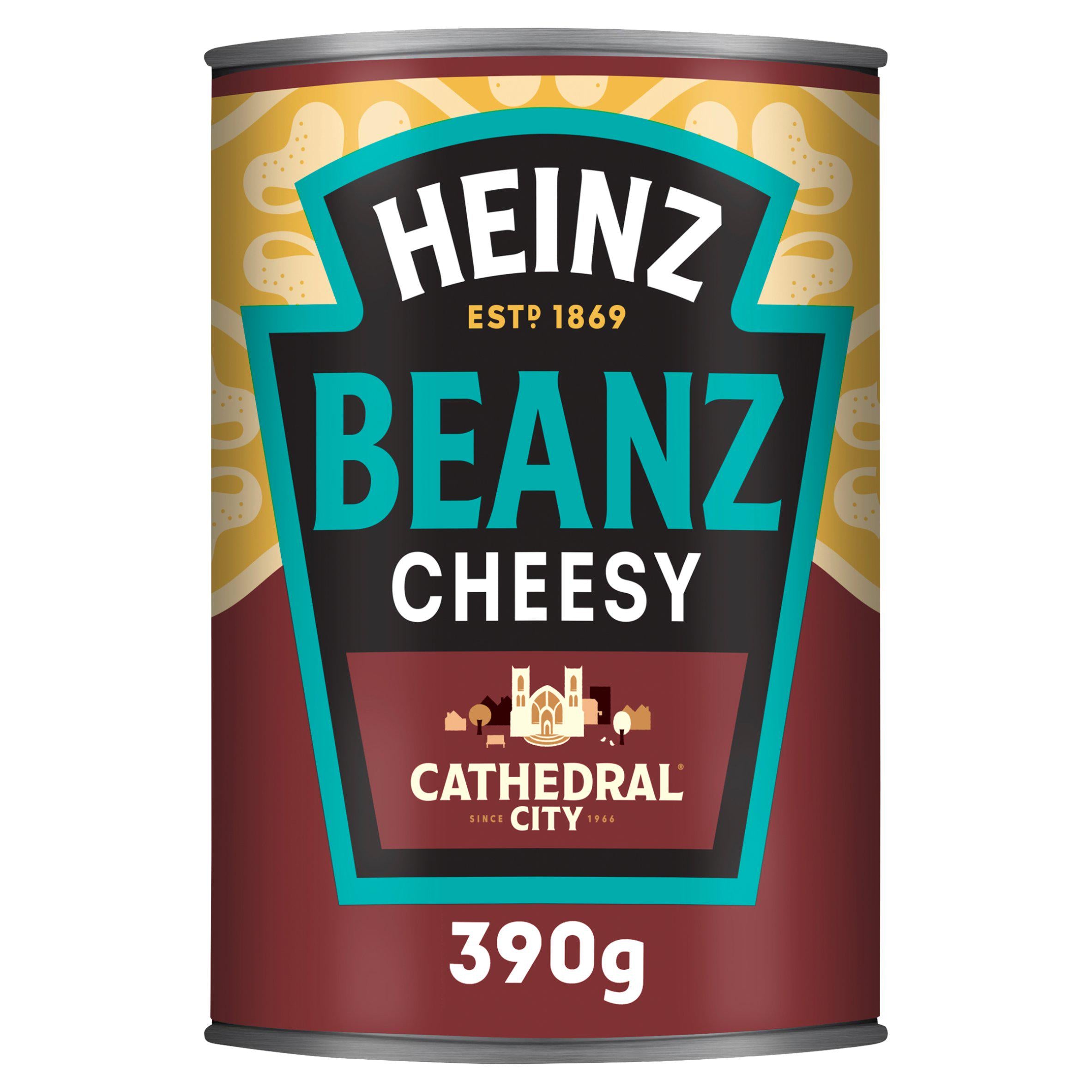 Heinz cheesy baked beans with Cathedral City cheddar 390g, imported from the UK