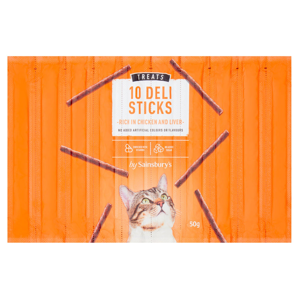 Sainsbury's cat treat chicken and liver sticks 50g, imported from the UK