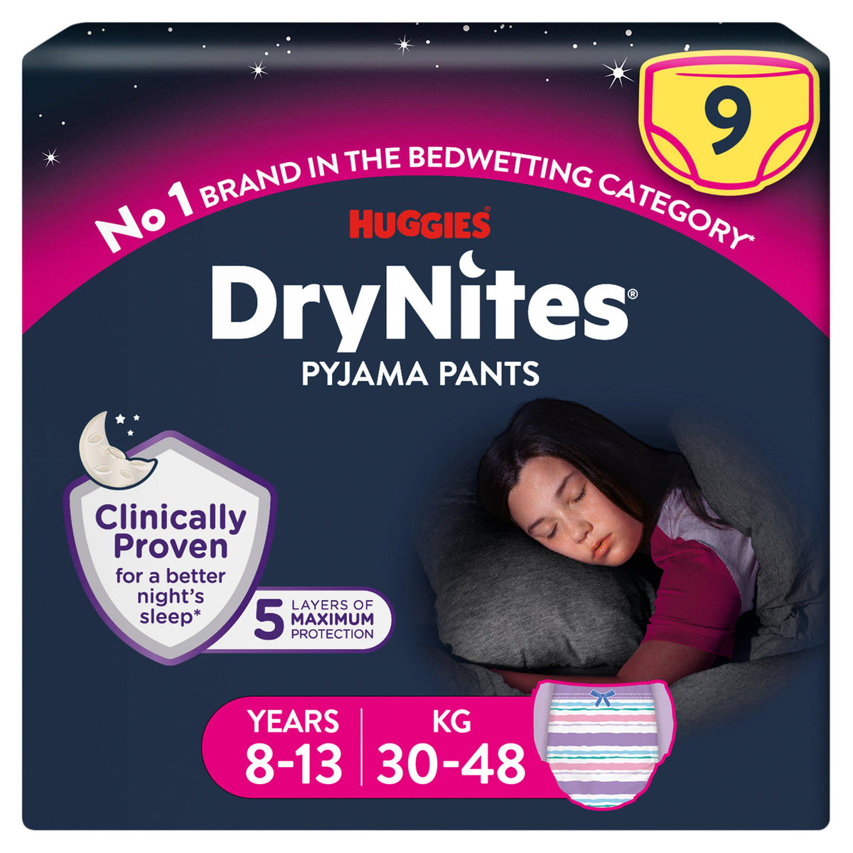Huggies bedwetting pyjama nappy pants for girls age 8-13, pack of 9, UK version