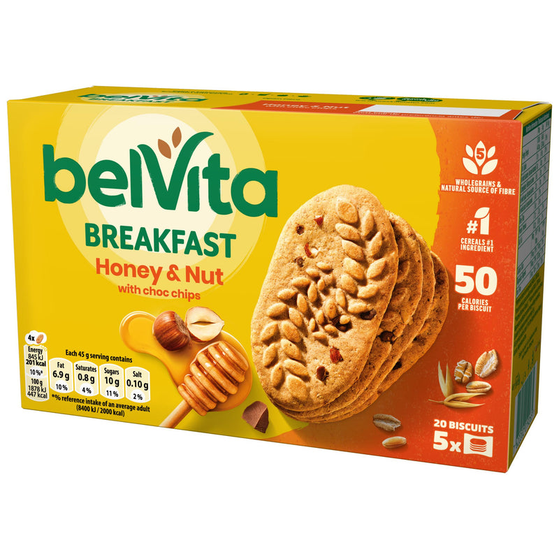 Belvita cereal bars Honey & Nut Chocolate Chips 5x45g, imported from the UK