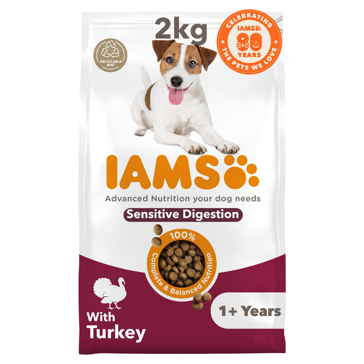 IAMS sensitive digestion dog food with turkey for adult dogs 2kg, UK version