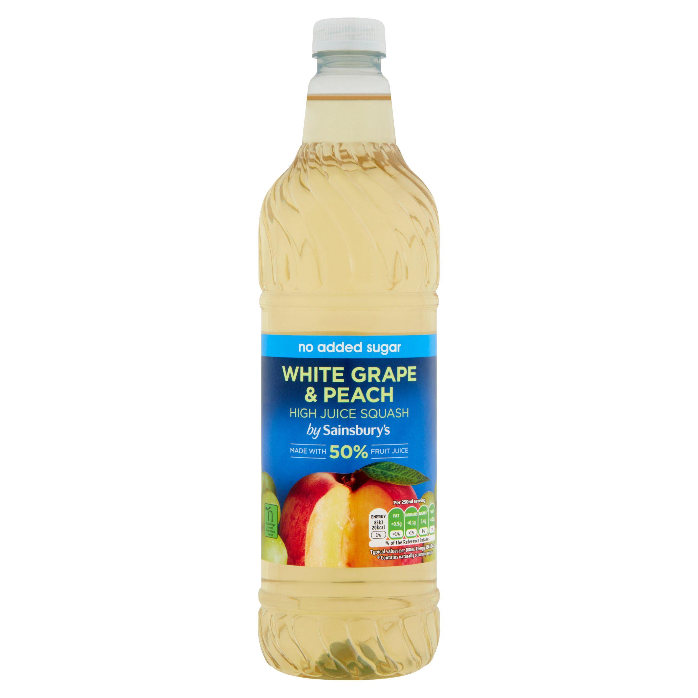 Sainsbury's squash white grape and peach no added sugar 1L, imported from the UK