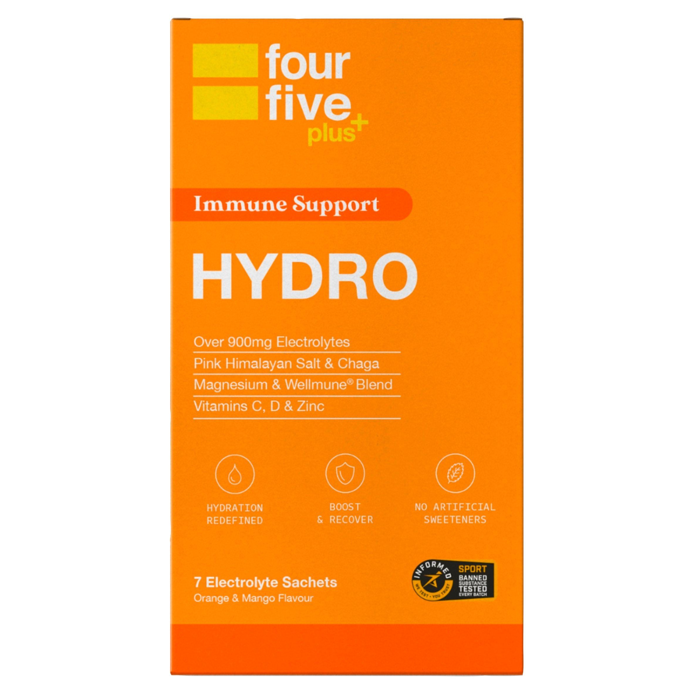 Fourfive Plus+ Immune Support orange mango electrolyte sachets 7 pack, UK version