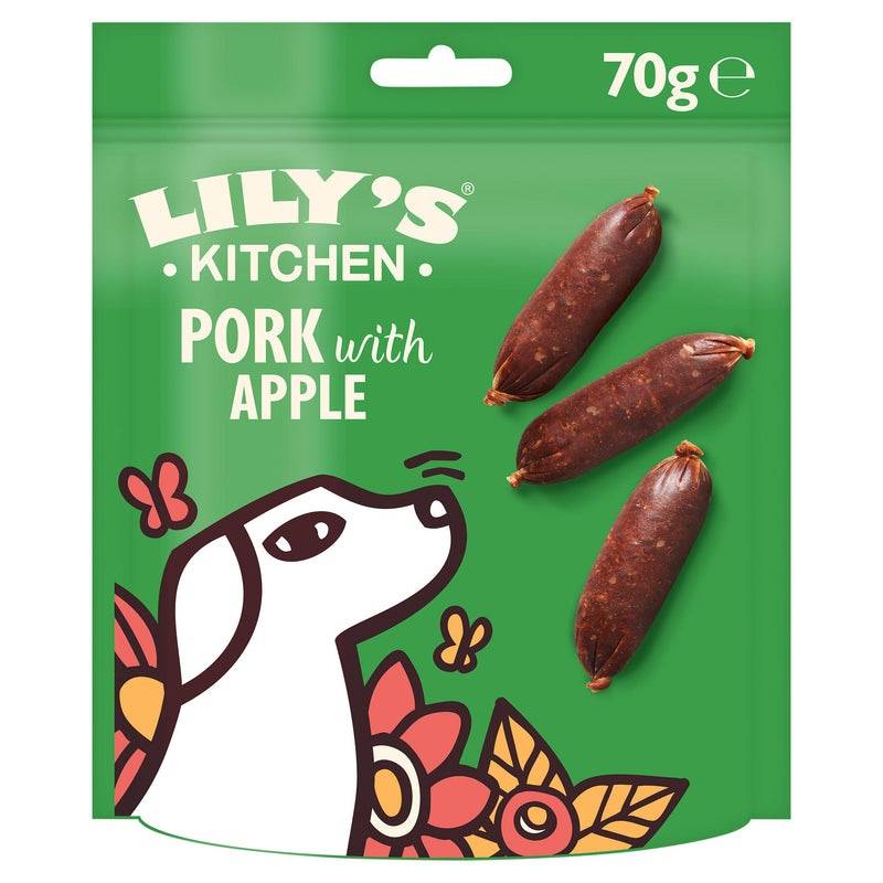Lily's Kitchen pork and apple sausages dog treats 70g, imported from the UK