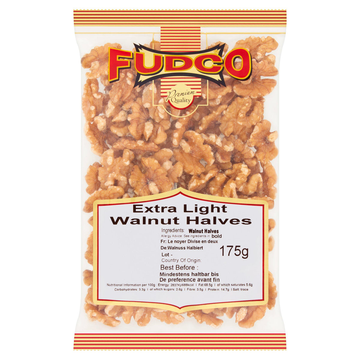 Fudco walnut halves extra light 175g, imported from the UK