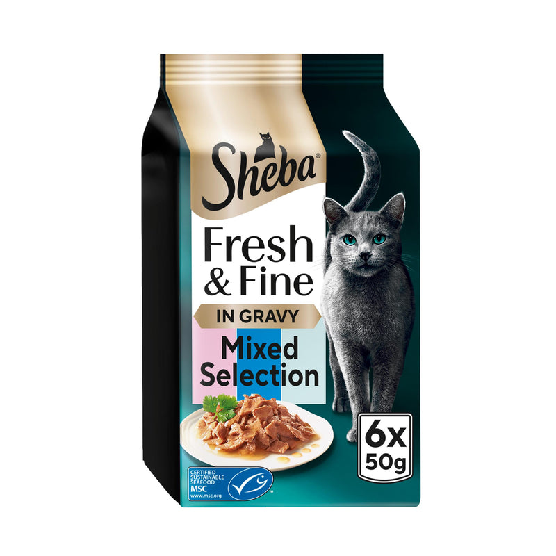Sheba Salmon & Tuna cat food pouches in gravy, UK version