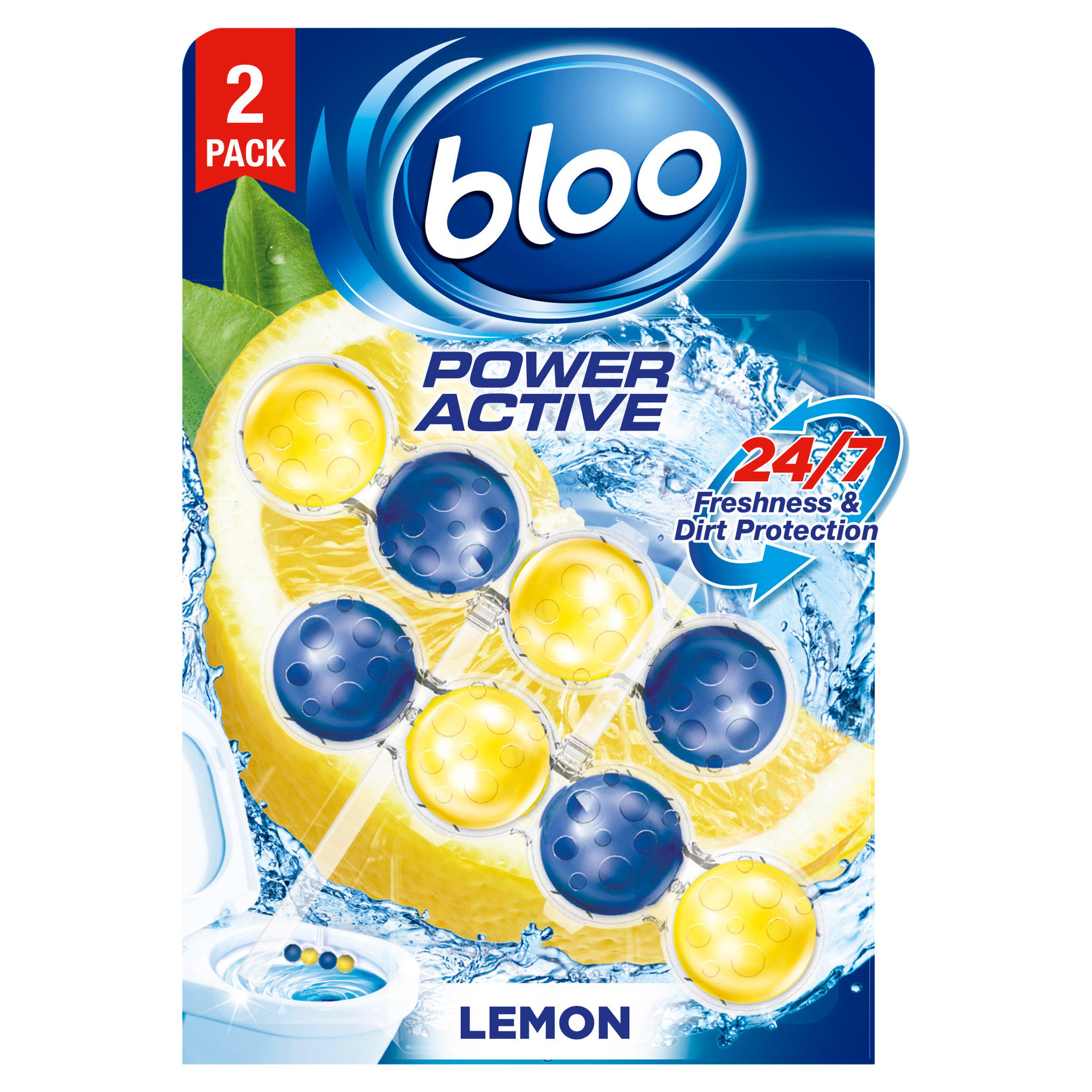 Bloo Power Active lemon toilet rim blocks 2x50g, imported from the UK