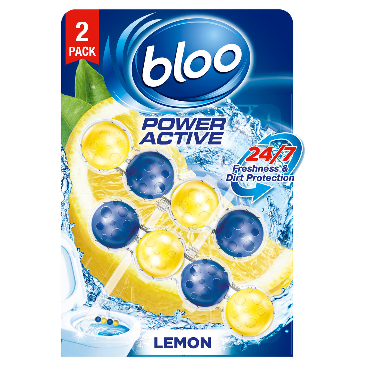 Bloo Power Active lemon toilet rim blocks 2x50g, imported from the UK