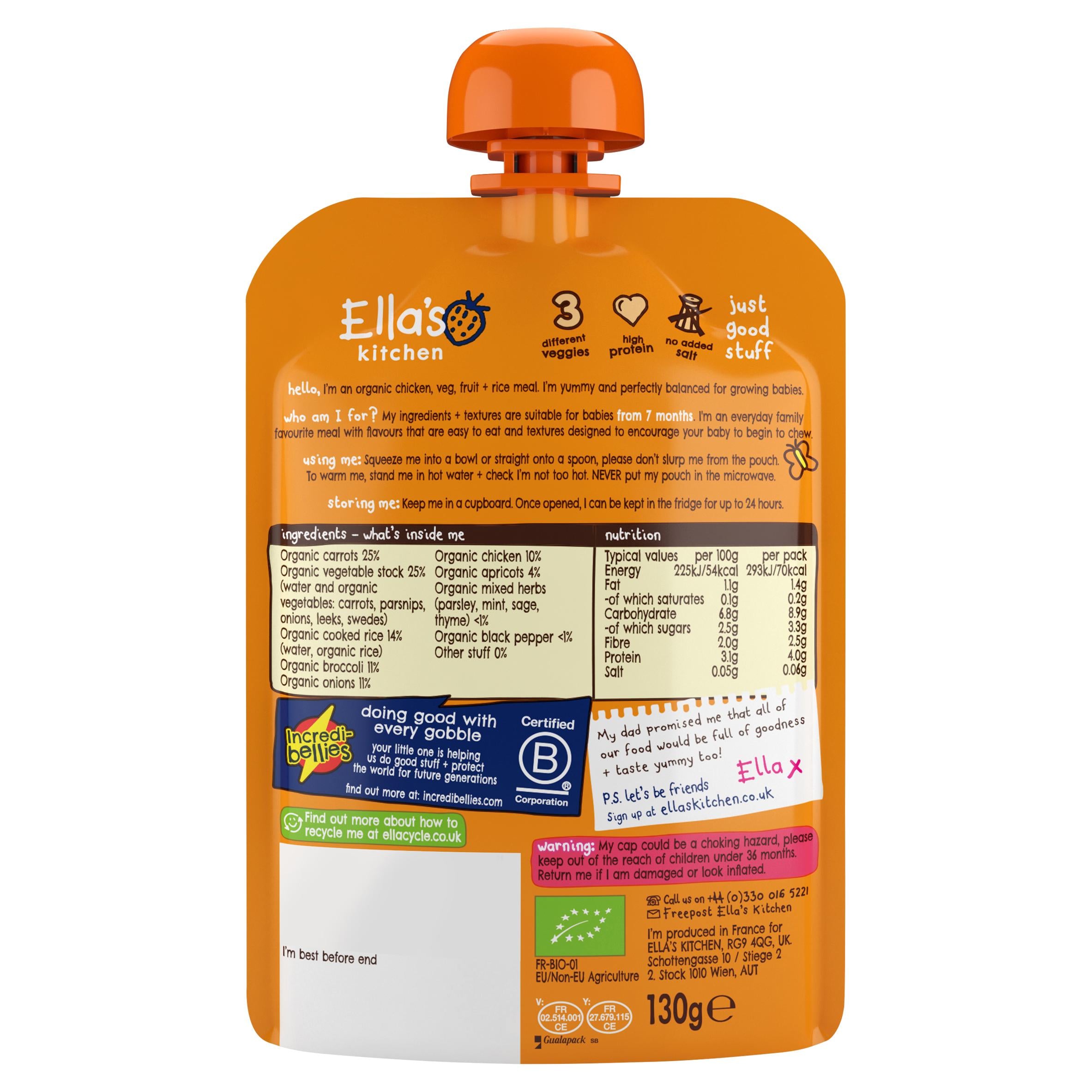 Ella's Kitchen organic chicken rice pouch 7+ months 130g - British product