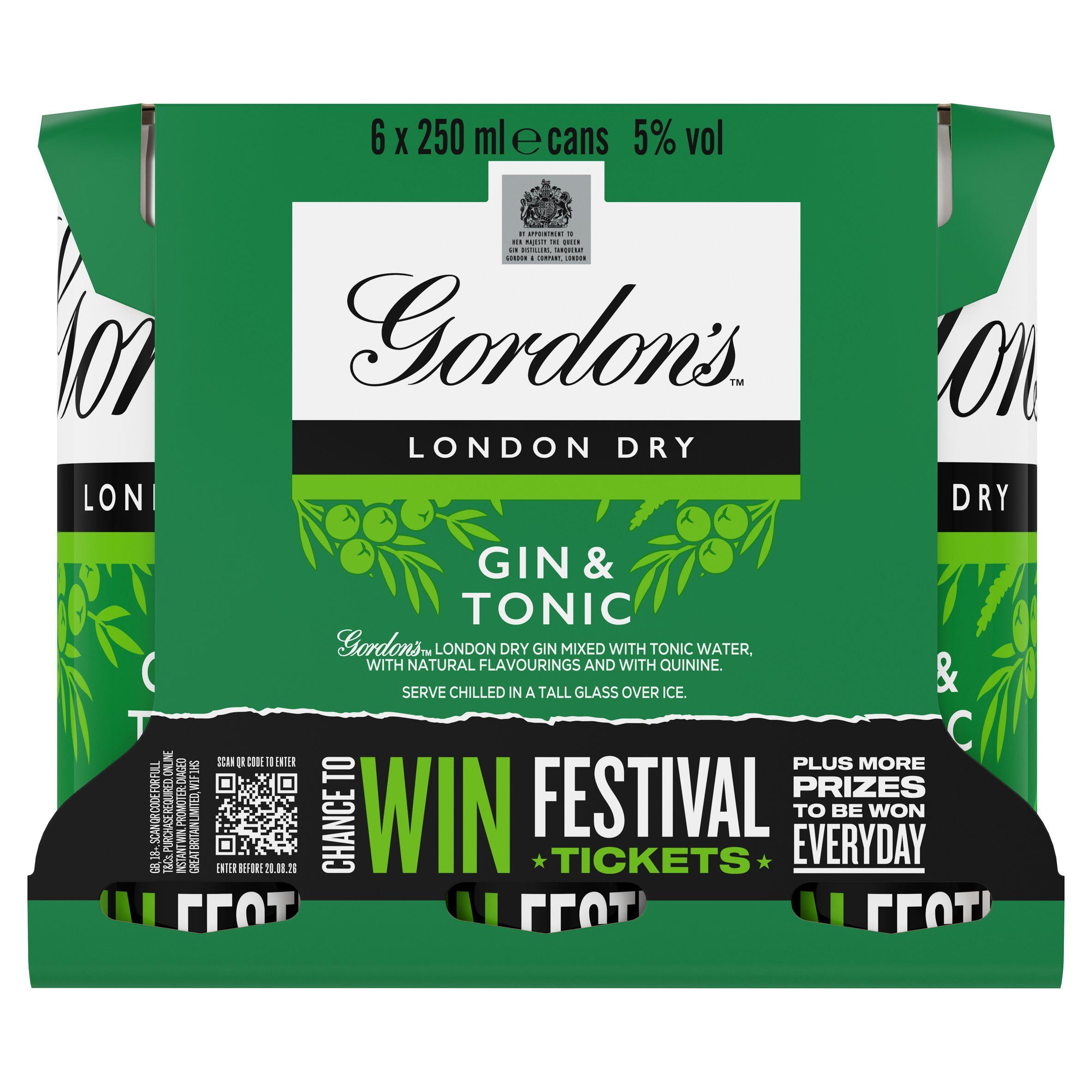 Gordon's London Dry Gin & Tonic Ready To Drink 5% Vol Cans 6x250ml