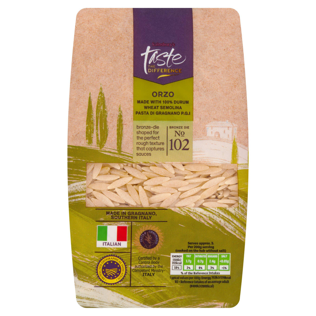 Sainsbury's orzo pasta 500g bag imported from the UK