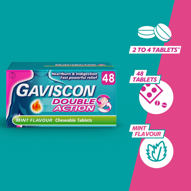 Gaviscon Double Action heartburn relief mint tablets 48 pack, imported from the UK