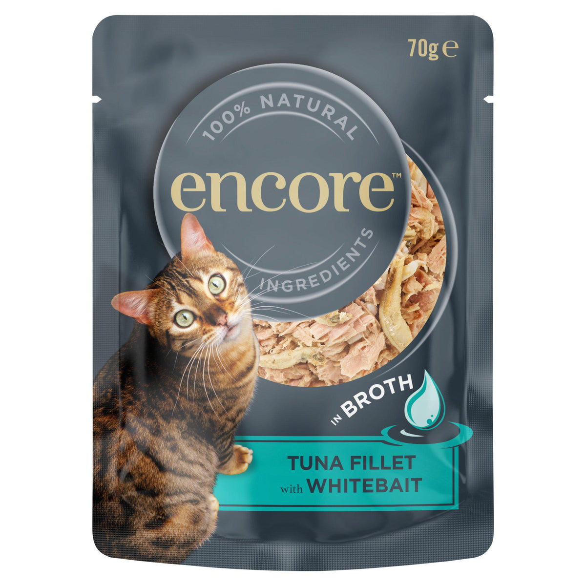 Encore cat food tuna whitebait in broth 70g (British brand)