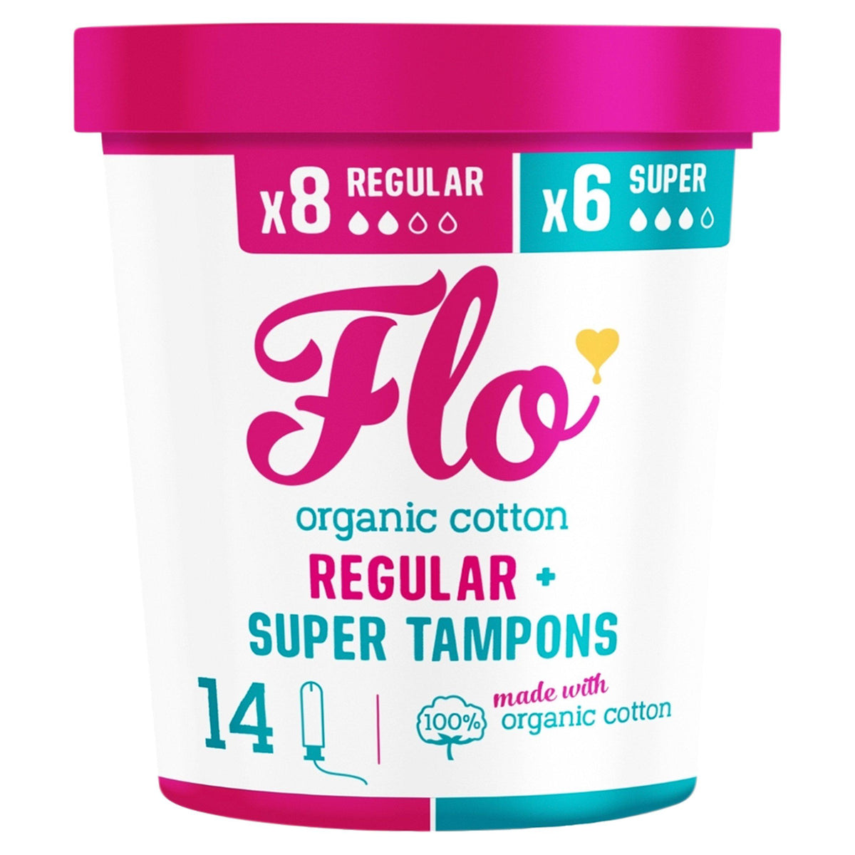 Flo organic cotton tampons combo pack 8 regular + 6 super, imported from the UK