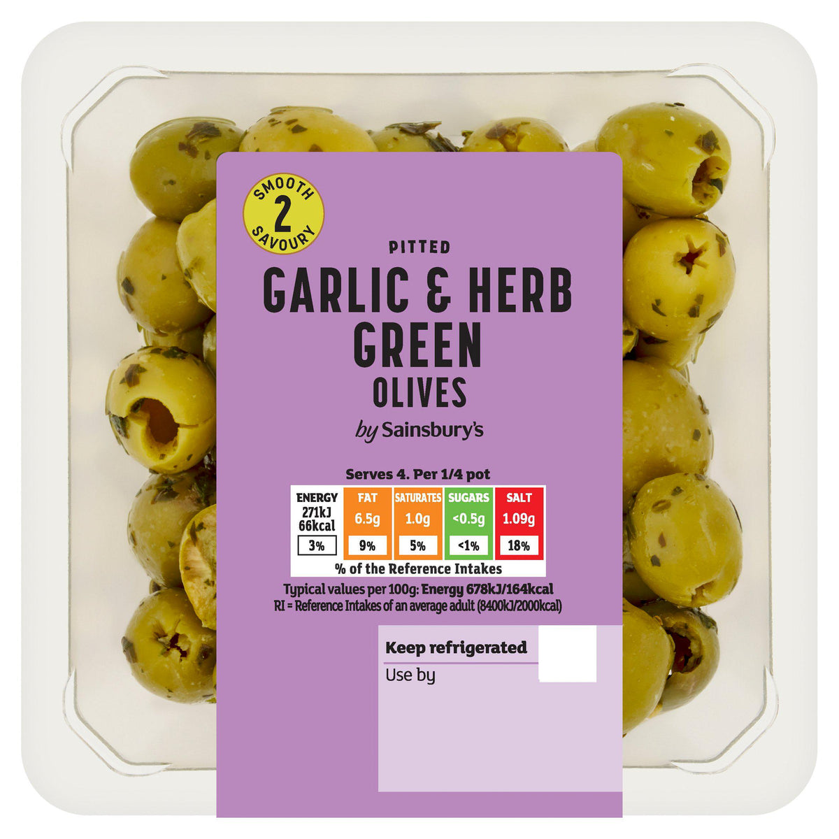 Sainsbury's garlic & herb green olives 160g, imported from the UK