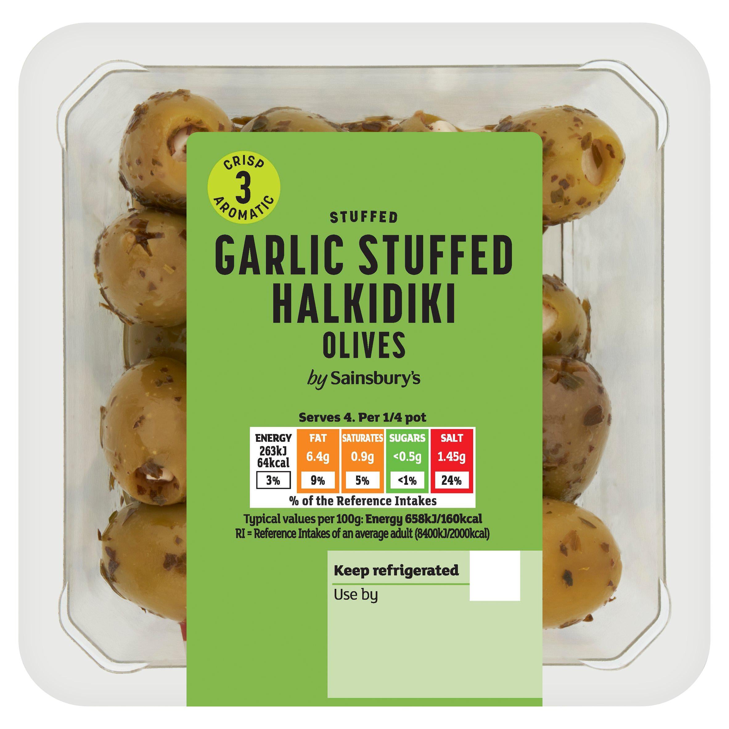 Sainsbury's garlic stuffed Halkidiki olives 160g, UK version