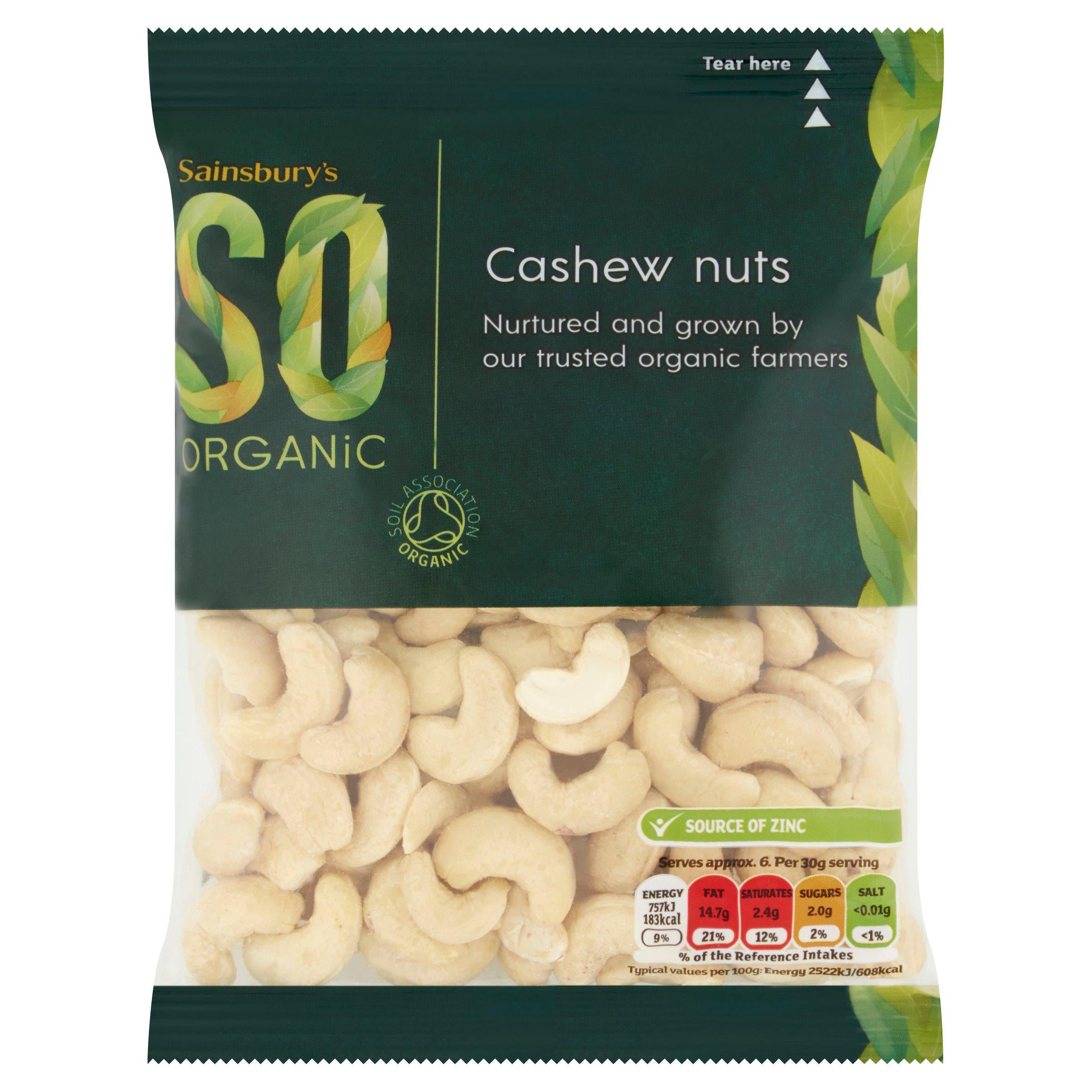 Sainsbury's SO Organic cashew nuts 200g, imported from the UK