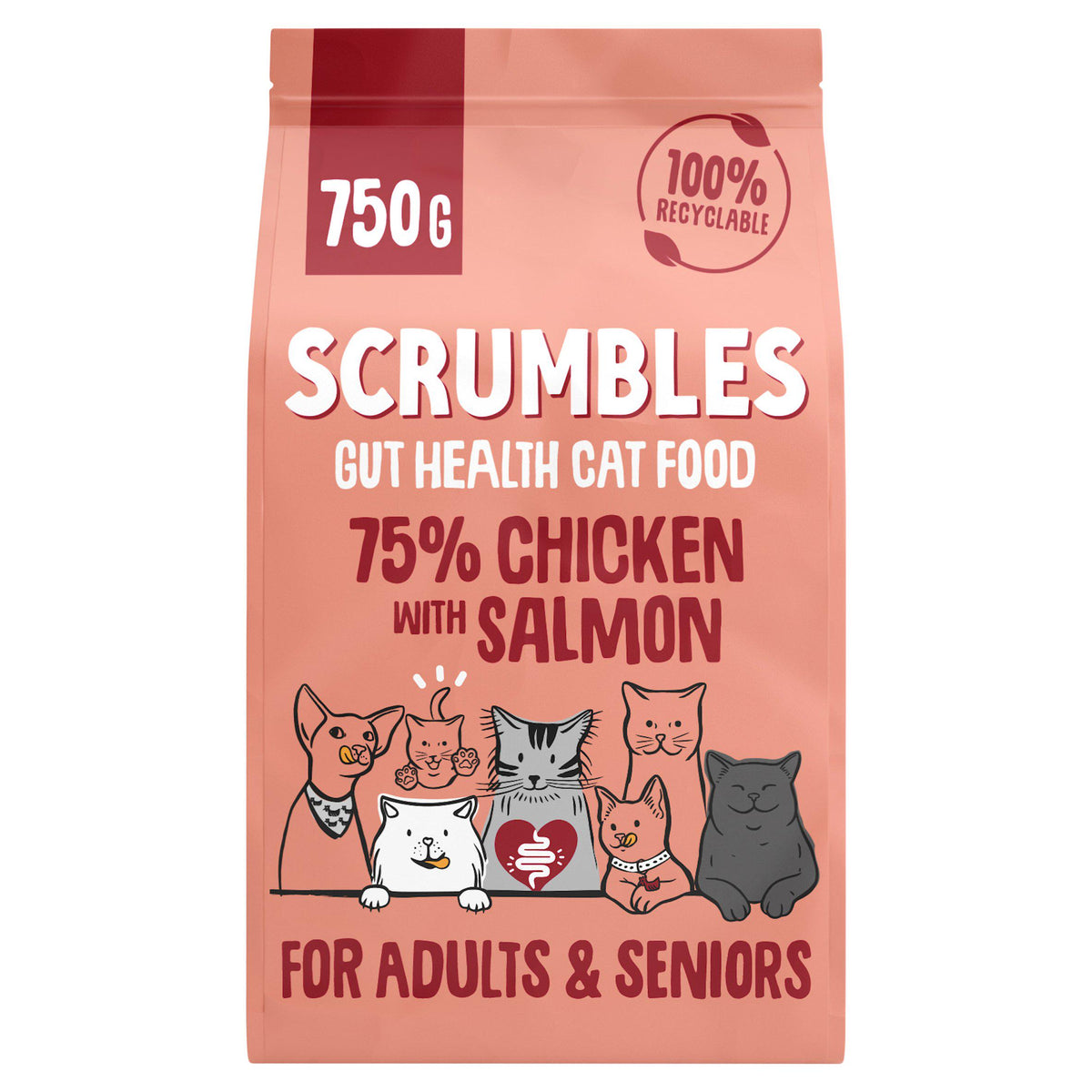 Scrumbles salmon dry cat food adult senior 750g, imported from the UK