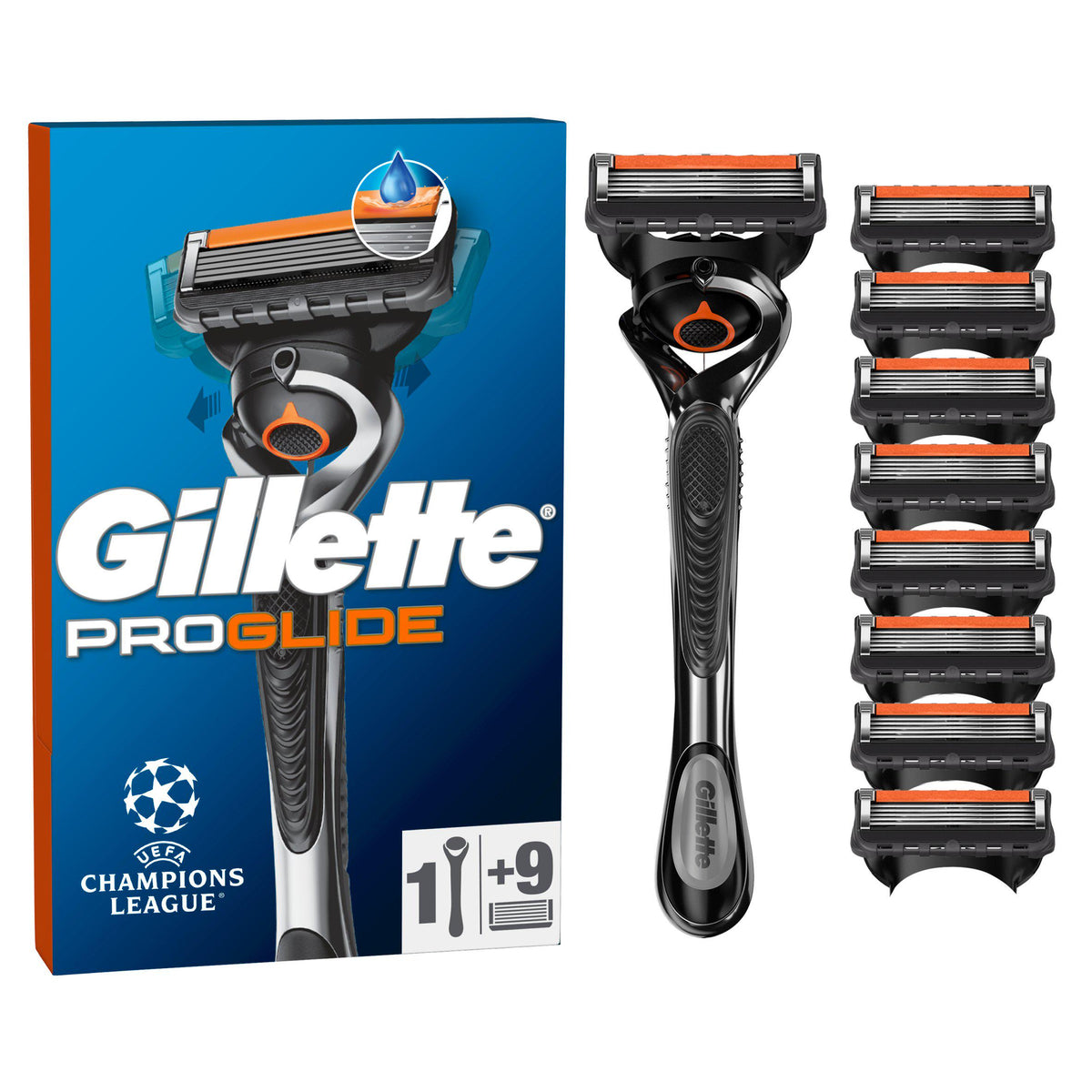 Gillette Fusion Proglide men's razor and 9 blades (British brand)