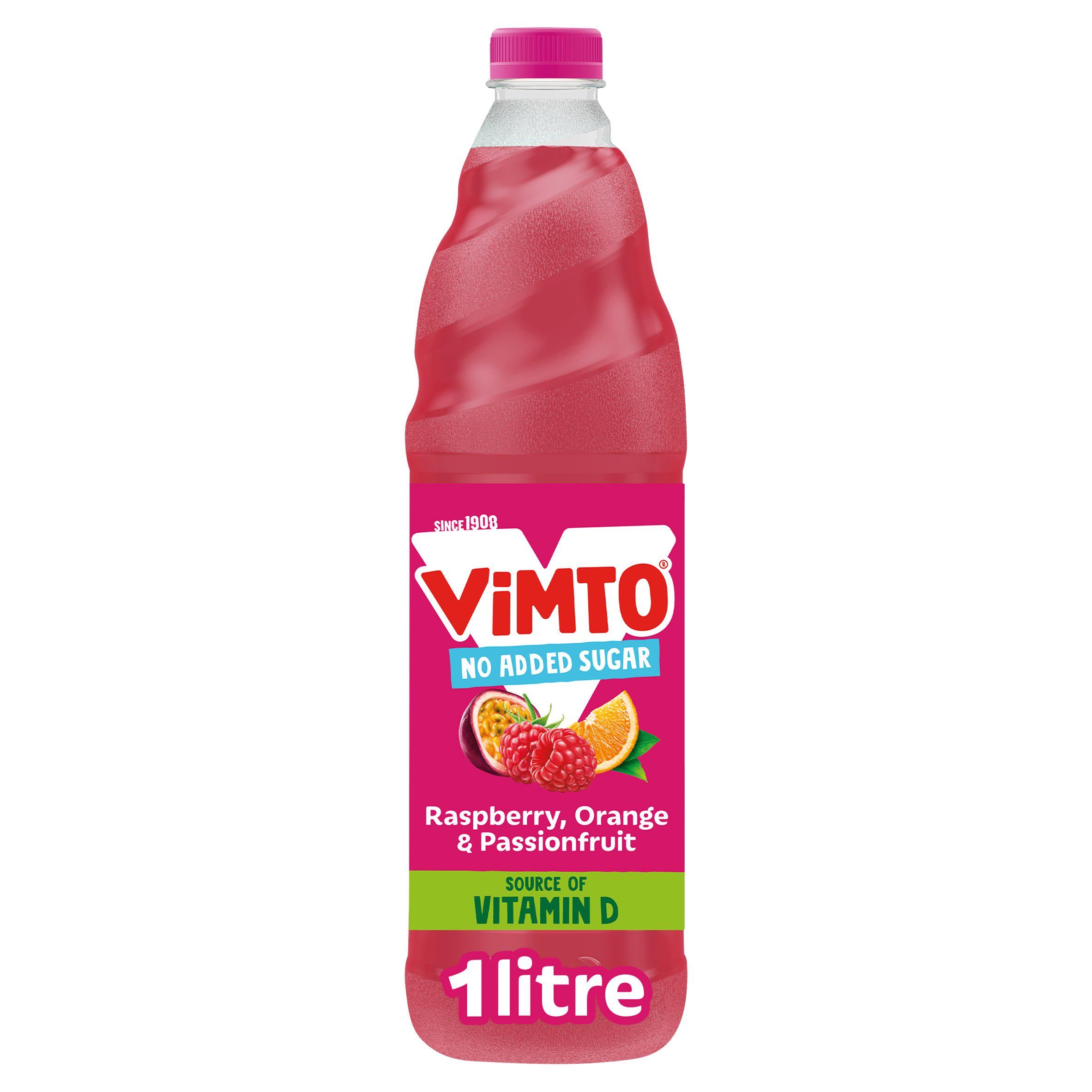 Vimto fruit squash Raspberry Orange Passionfruit no added sugar 1L - British product