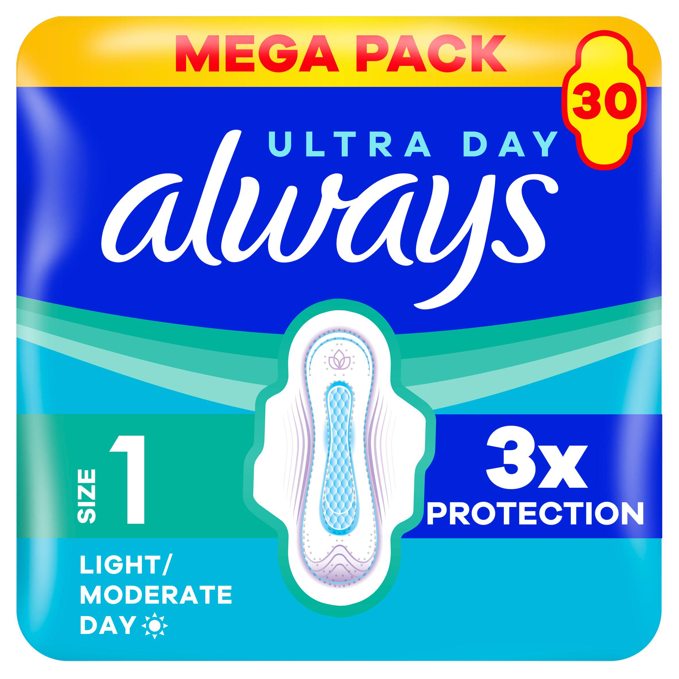 Always sanitary towels with wings Size 1 30 count, imported from the UK