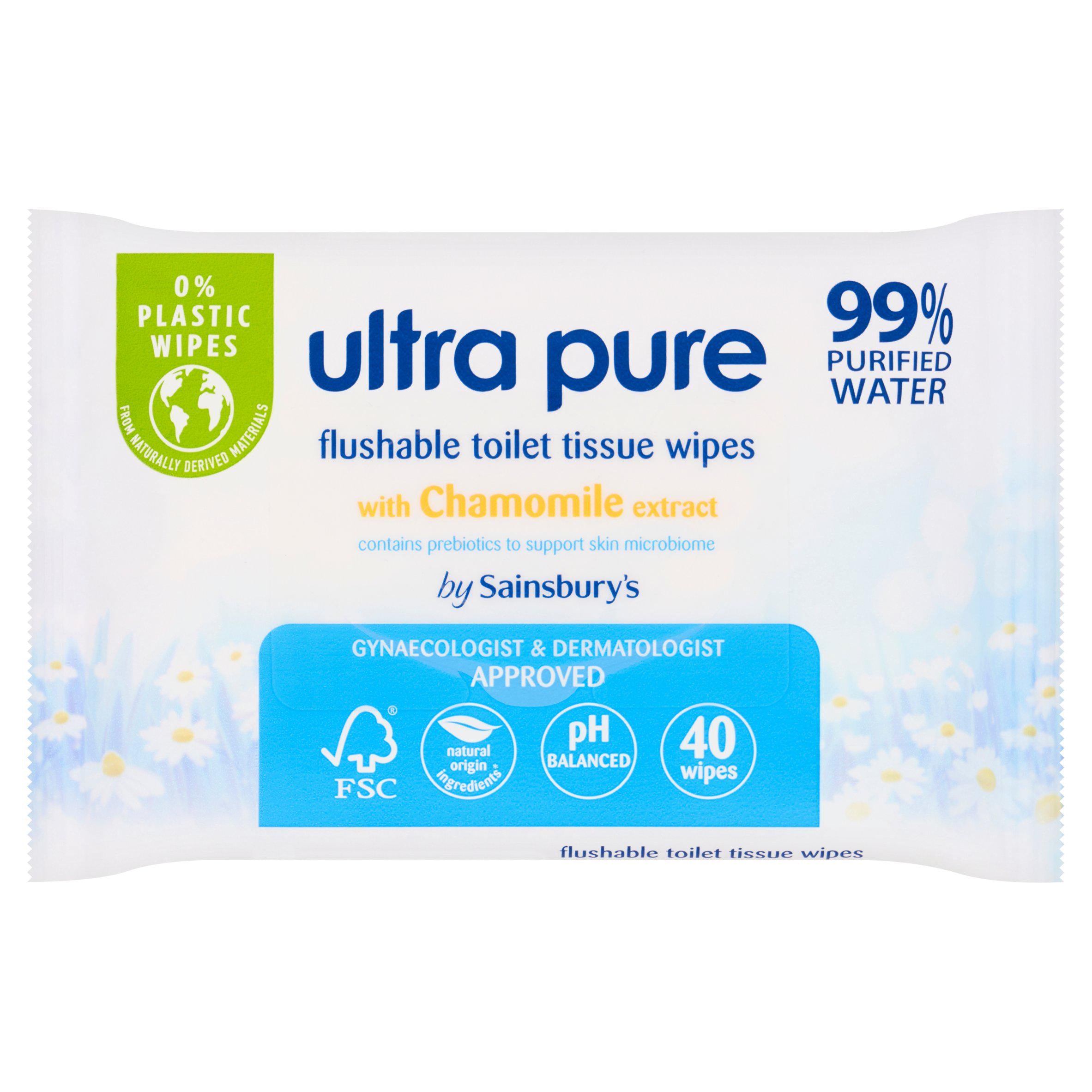 Sainsbury's flushable wipes with chamomile extract 40 wipes (British brand)