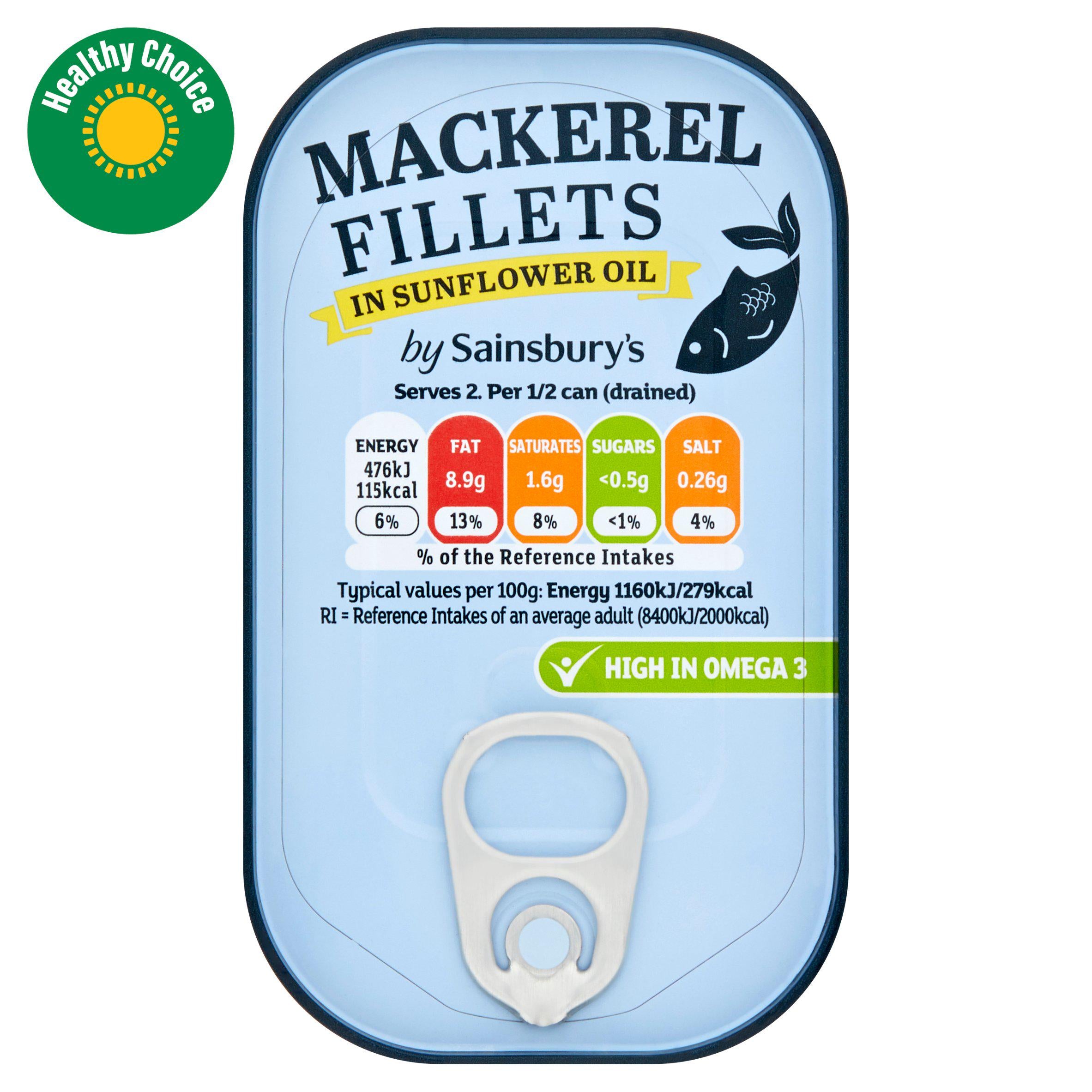 Sainsbury's mackerel fillets in sunflower oil 125g, imported from the UK