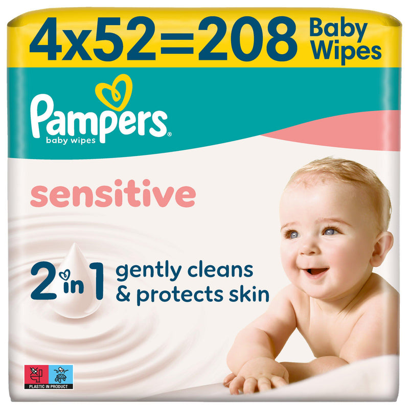 Pampers Sensitive Baby Wipes 4x52 Pack, imported from the UK