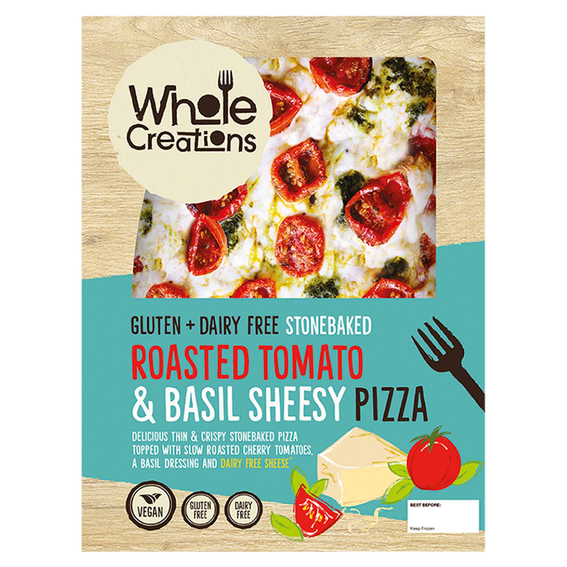 Whole Creations pizza roasted tomato basil sheese 275g, imported from the UK
