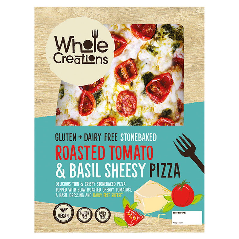 Whole Creations pizza roasted tomato basil sheese 275g, imported from the UK