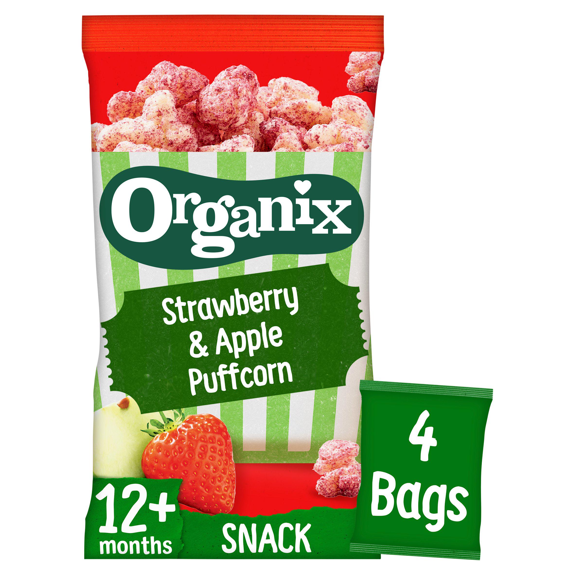 Organix Strawberry Apple Puffcorn 4x10g, imported from the UK