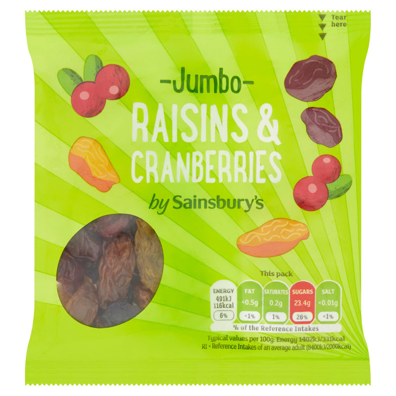 Sainsbury's jumbo raisins and cranberries 35g (British brand)