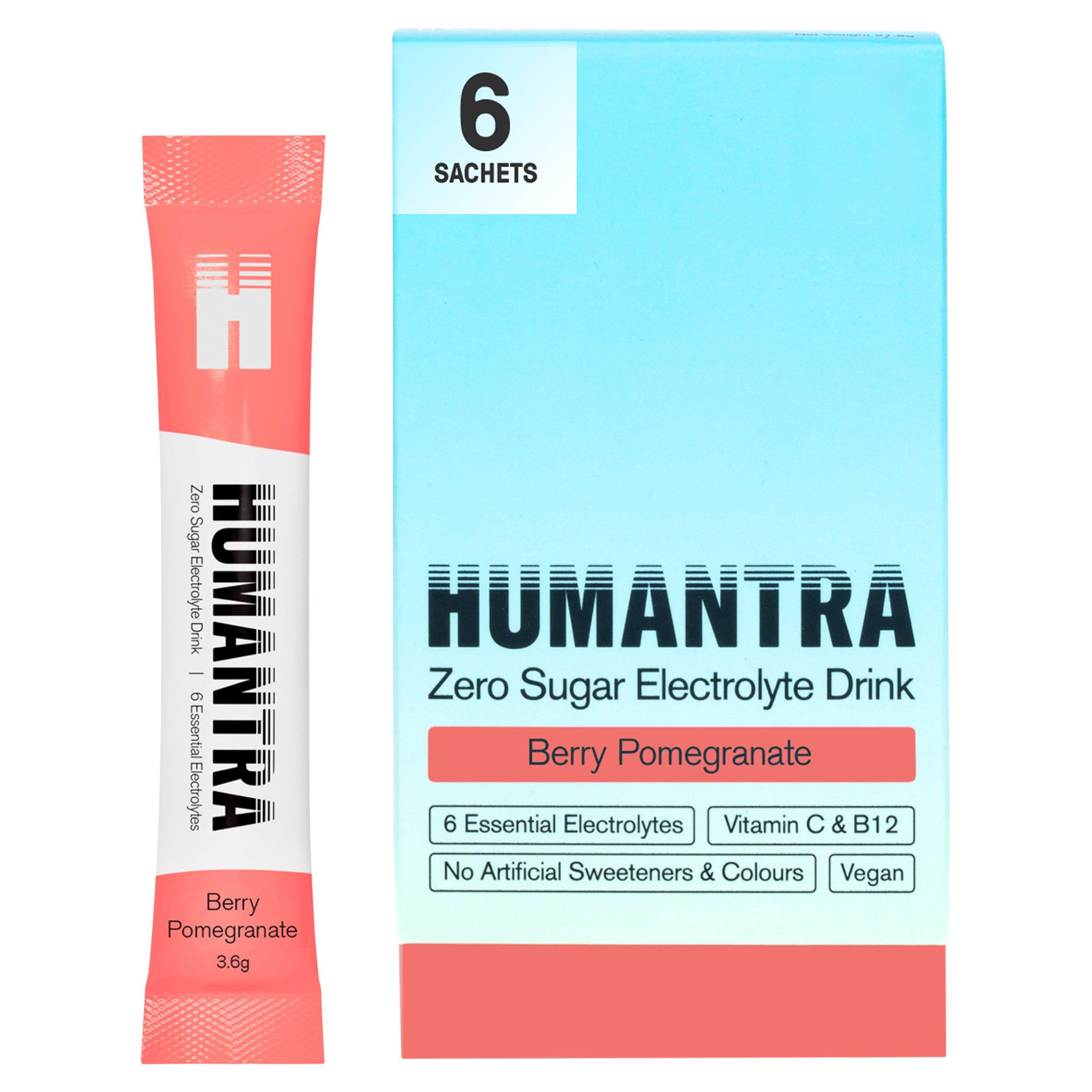Humantra Berry Pomegranate electrolyte drink sachets (British brand)